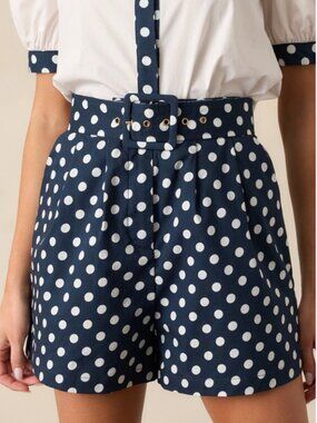 Colleen Navy Polka Dot Classic Belted Shorts